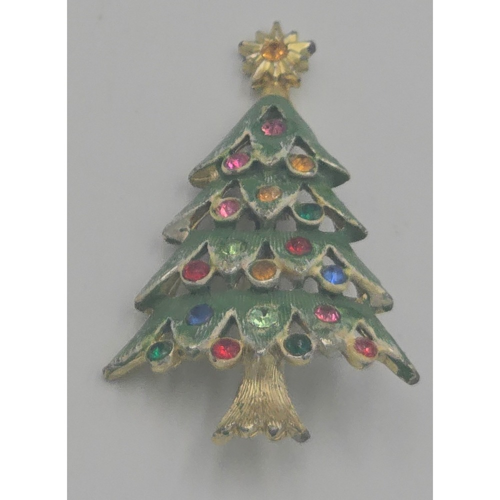 Vintage Gold Tone Layered Green Enamel Multicolor Rhinestone Christmas Tree Pin